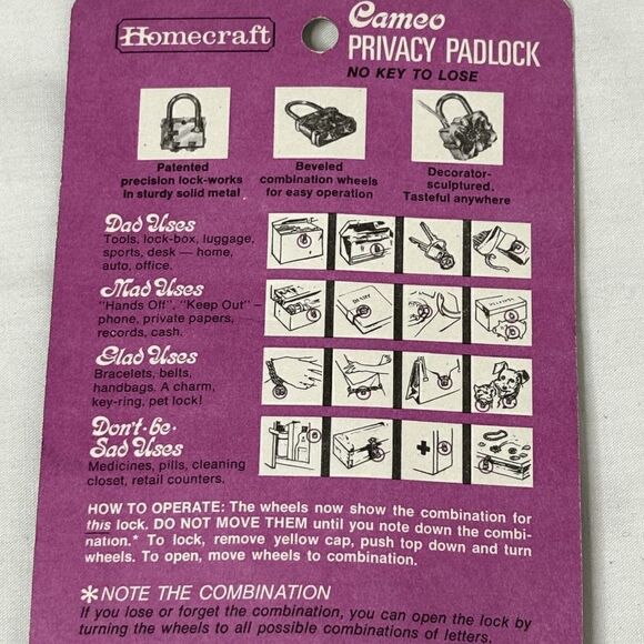 Rare Vintage Homecraft Cameo Combination Locks Stock No.680001 NOS - Picture 3 of 3